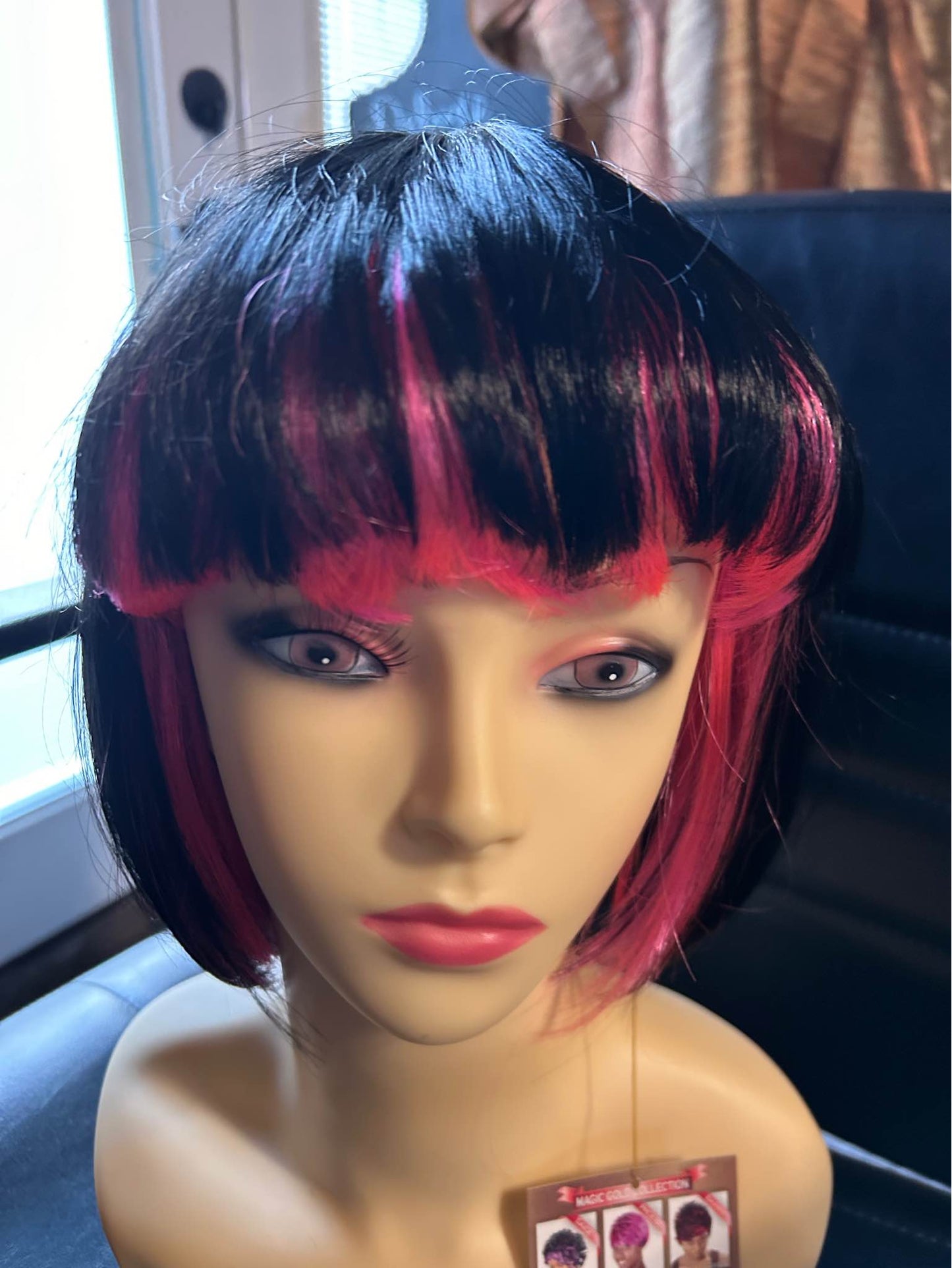 Roxanne-solid black with peek-a-boo hot pink bangs, bob style synthetic wigs