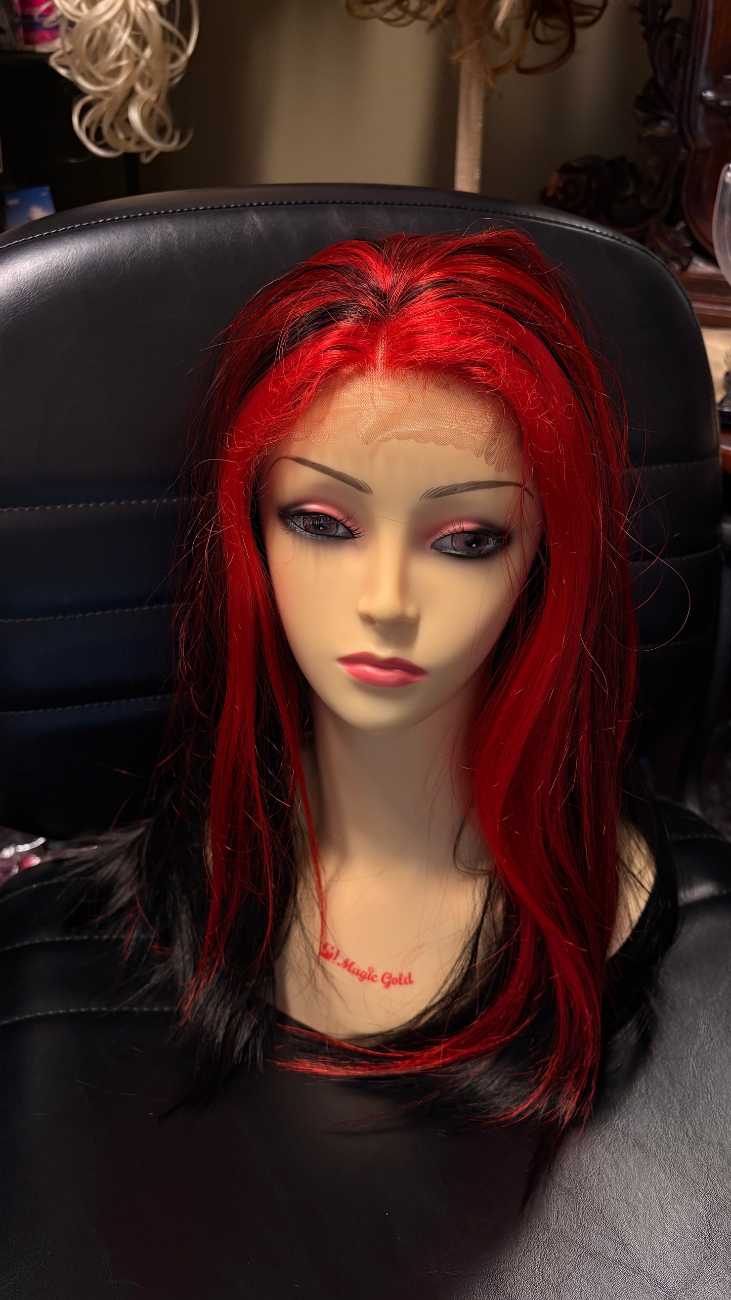 Larissa- black with vibrant red highlights-lace front, shoulder length, heat resistant synthetic wig
