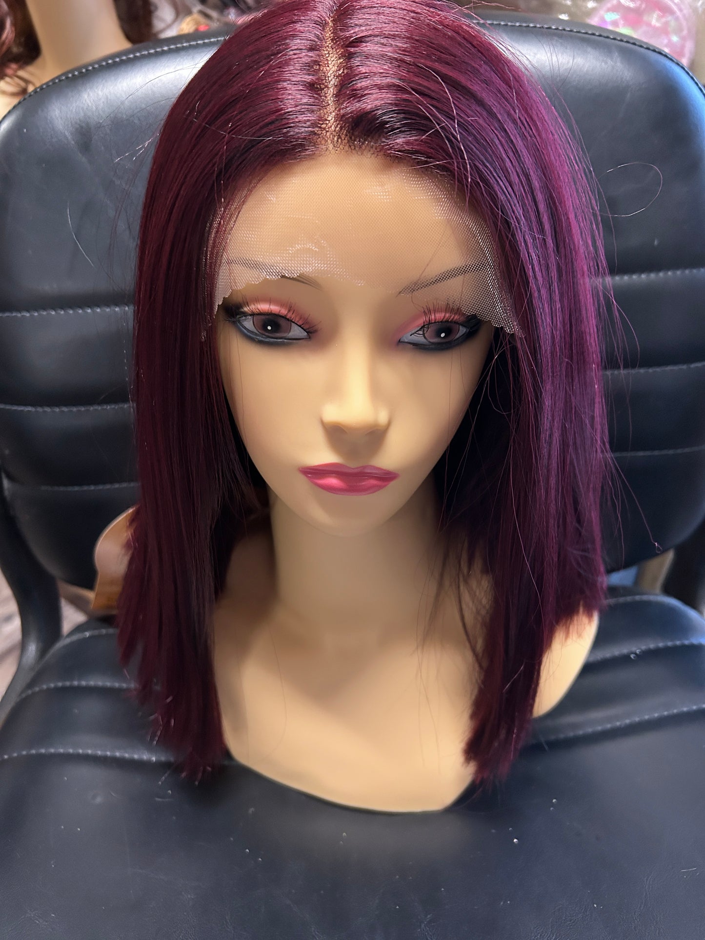 Nuru- burgundy or wine angled bob middle part lace front synthetic wig