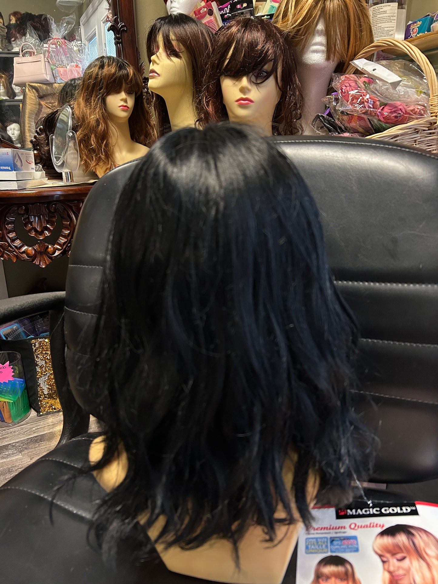 Joceylyn- solid black Medium Length Wig with Soft Waves and Full Feathered Bangs heat resistant synthetic wigs