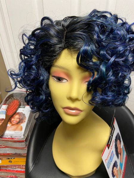 Fia- black to midnight blue, short to medium-length curly style, heat resistant synthetic wig