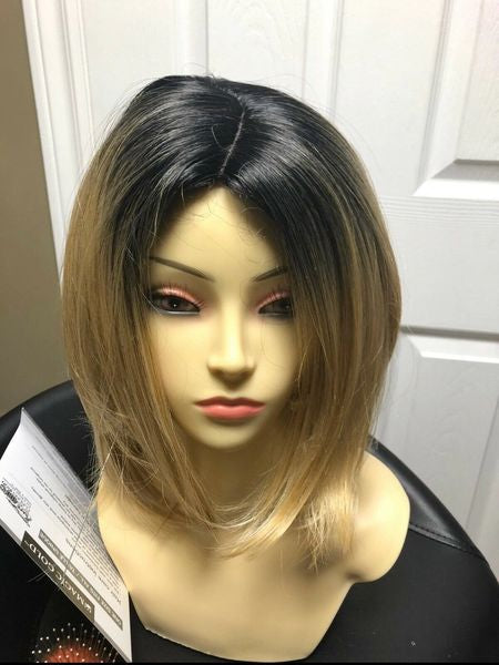 Rue black to blonde ombre-chin length bob heat resistant synthetic wig