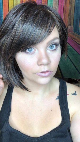Estrella brown with blonde highlights short asymmetrical synthetic wig