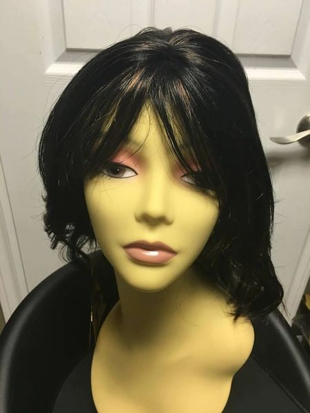 Click- solid black, mid length, synthetic wig