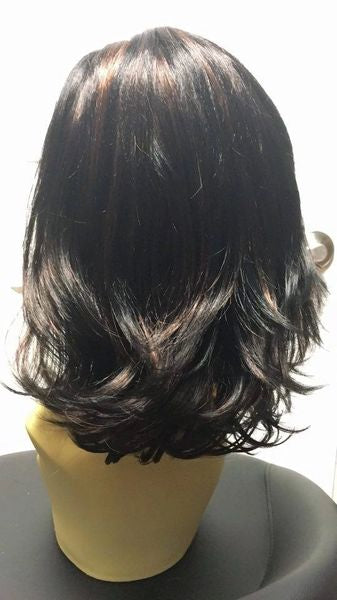 Click- black with copper highlights, mid length, synthetic wig