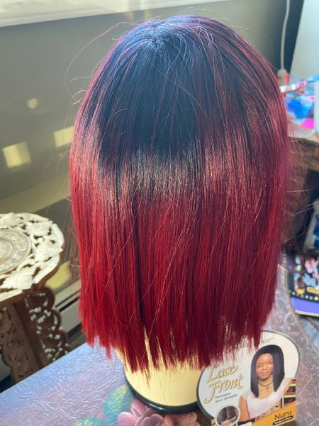 Nuru- black to ombre burgundy or wine angled bob middle part lace front synthetic wig