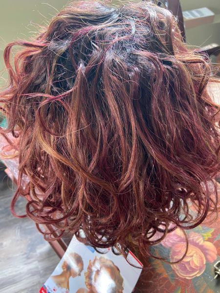 Wish-burgundy and copper blend medium-length with voluminous curls heat resistant synthetic wig