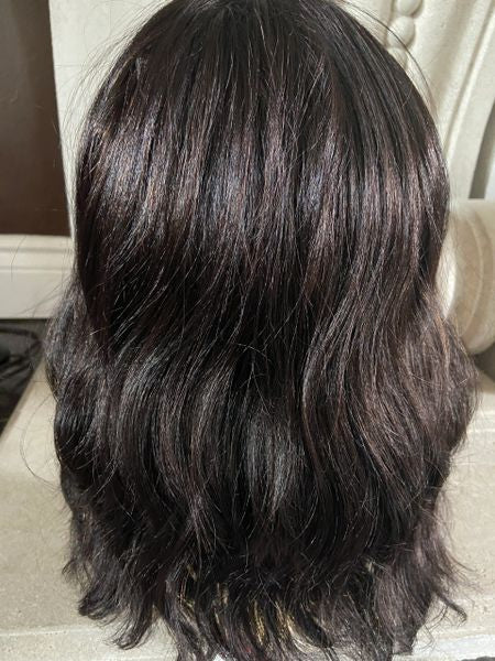 Joceylyn- solid brown MediumLength Wig with Soft Waves and Full Feathered Bangs heat resistant synthetic wig