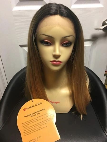 Glitter-brown to strawberry blonde ombre layered cut with blunt ends with middle part lace front synthetic wig