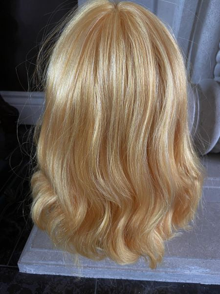 Joceylyn- golden blonde MediumLength Wig with Soft Waves and Full Feathered Bangs heat resistant synthetic wig