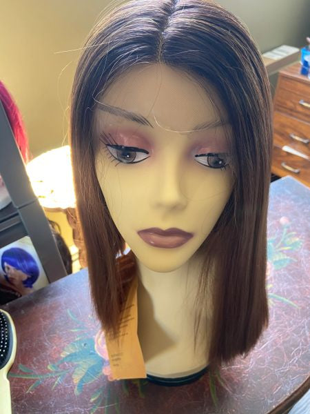Glitter-brown to strawberry blonde ombre layered cut with blunt ends with middle part lace front synthetic wig