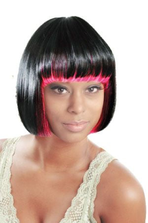 Roxanne-solid black with peek-a-boo hot pink bangs, bob style synthetic wigs