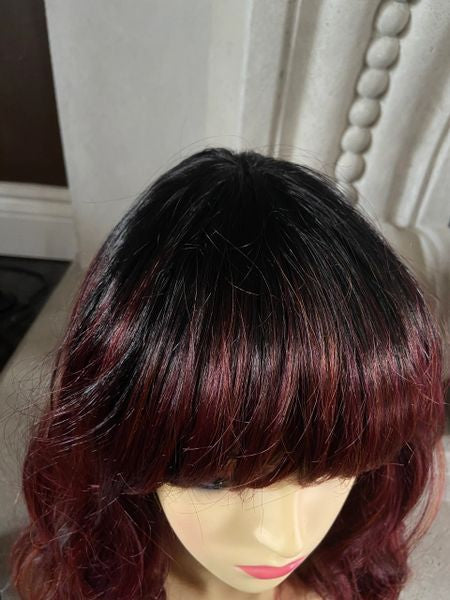 Joceylyn-brown to burgundy ombre MediumLength Wig with Soft Waves and Full Feathered Bangs heat resistant synthetic wig