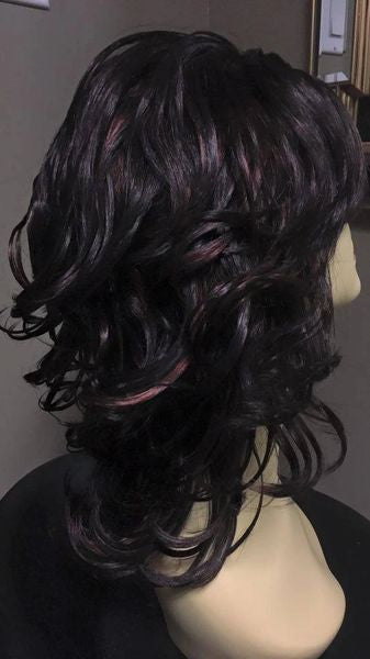Tess-brown with burgundy highlights, shoulder length, synthetic wig