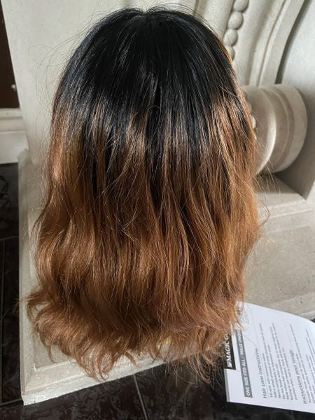 Joceylyn-dark brown to golden brown ombre MediumLength Wig with Soft Waves and Full Feathered Bangs heat resistant synthetic wig