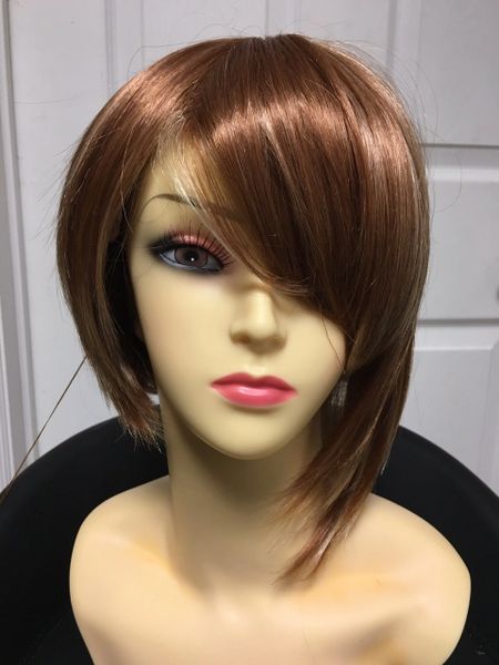 Estrella strawberry blonde with platinum blonde highlights short asymmetrical synthetic wigs