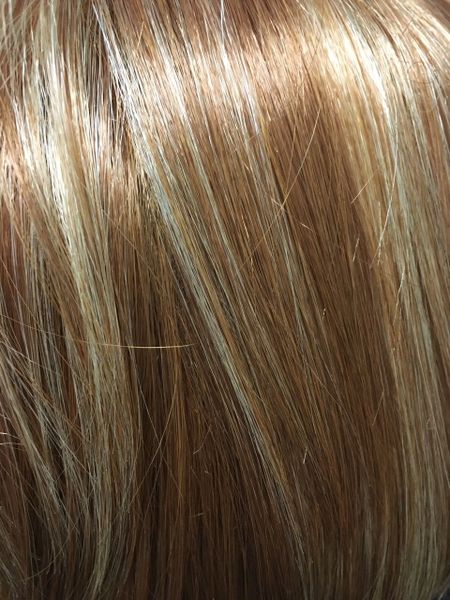 Estrella strawberry blonde with platinum blonde highlights short asymmetrical synthetic wigs