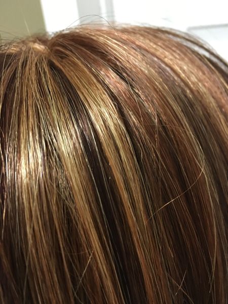 Estrella strawberry, brown and copper blend short asymmetrical synthetic wig