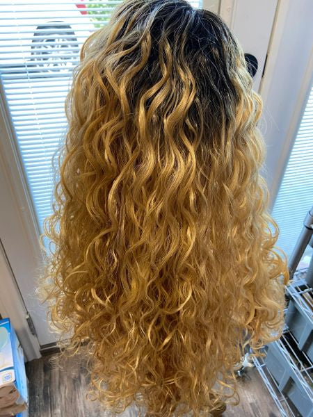 Vivi- black to blonde ombre extra long & extra body, wavy lace front middle part synthetic wig