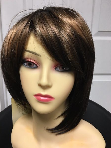 Estrella blonde, brown and copper blend short asymmetrical synthetic wigs
