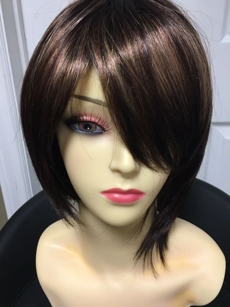 Estrella dark brown with blonde and copper highlights short asymmetrical synthetic wigs