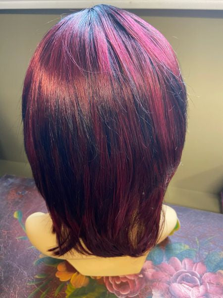Eden- black and burgundy, medium length, synthetic wig