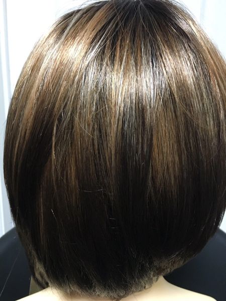 Estrella blonde, brown and copper blend short asymmetrical synthetic wigs