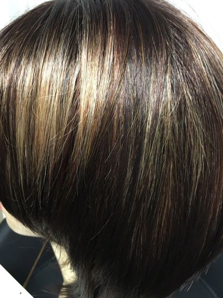 Estrella dark brown with blonde and copper highlights short asymmetrical synthetic wigs