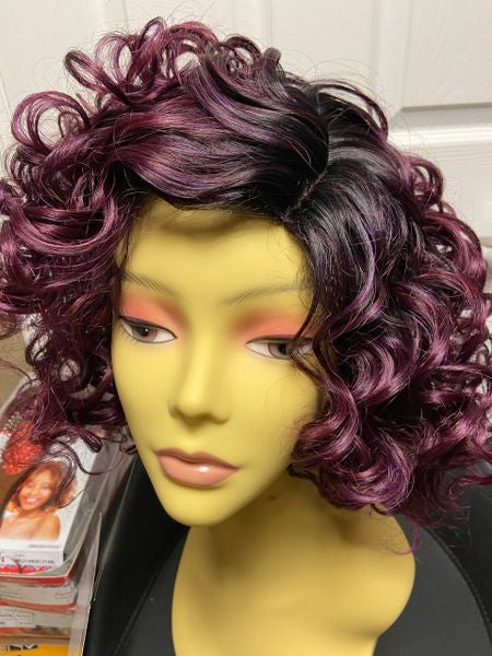 Fia- black to plum ombre, short to medium-length curly style, heat resistant synthetic wig