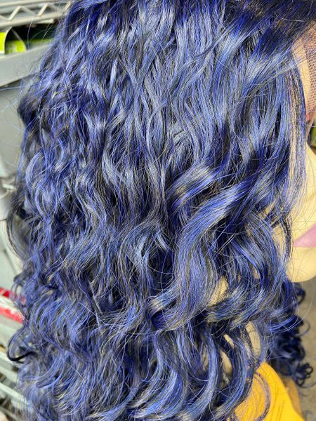 Vivi- blue black or midnight blue extra long & extra body, wavy lace front middle part synthetic wig