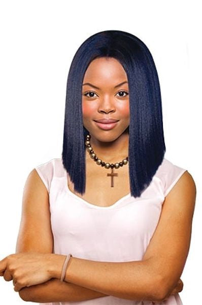 Glitter-black to dark green ombre layered cut with blunt ends with middle part lace front synthetic wig