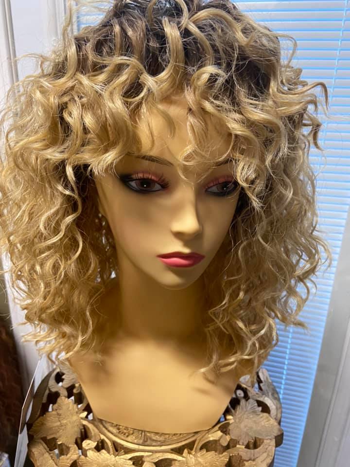 Layla- Ombré black to blonde, mid length, spiral curls, heat resistant synthetic wig