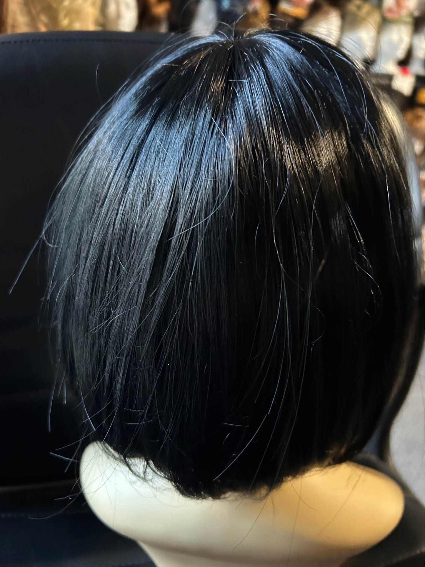 Roxanne-solid black with peek-a-boo purple bangs, bob style synthetic wigs