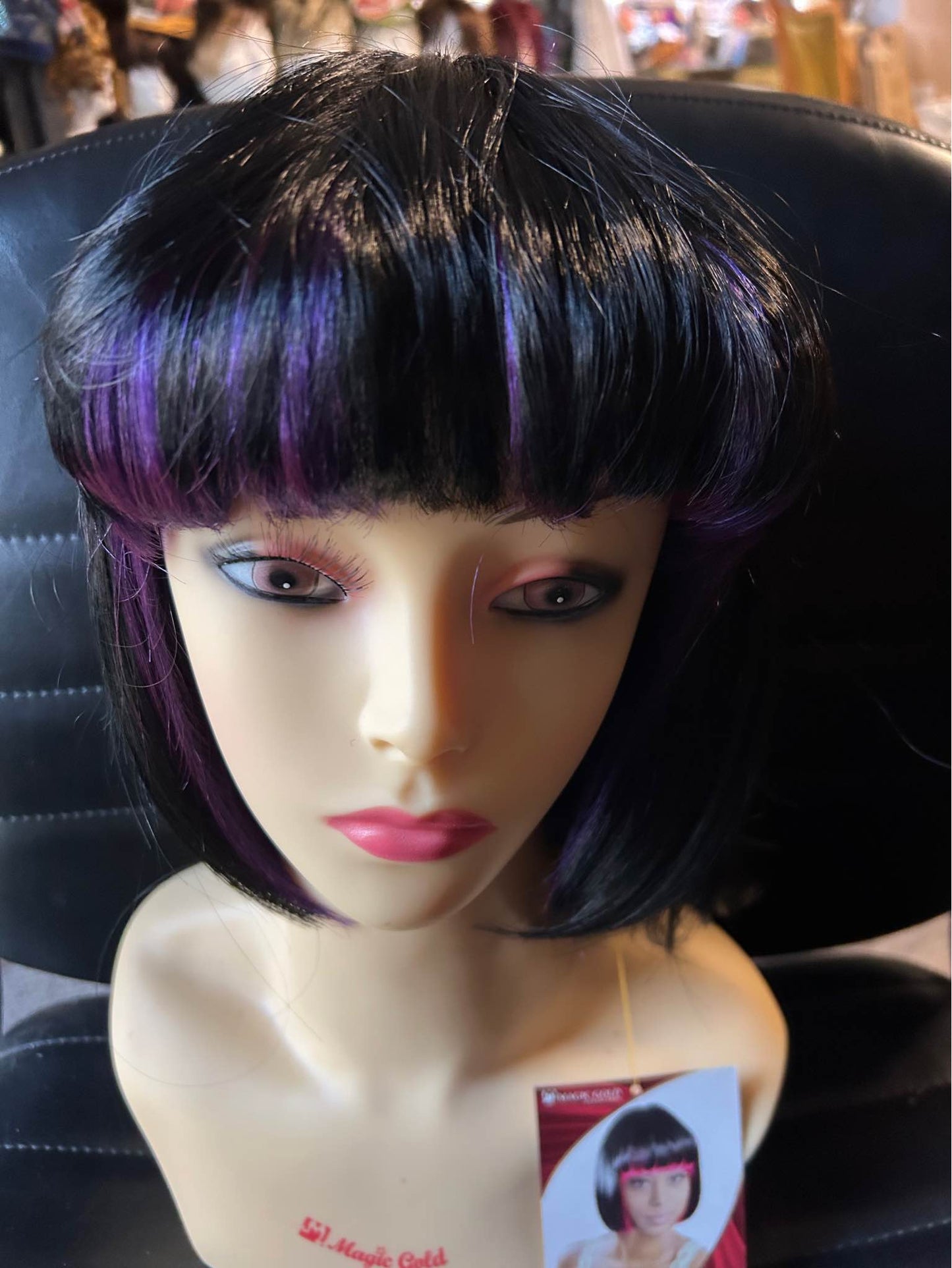 Roxanne-solid black with peek-a-boo purple bangs, bob style synthetic wigs