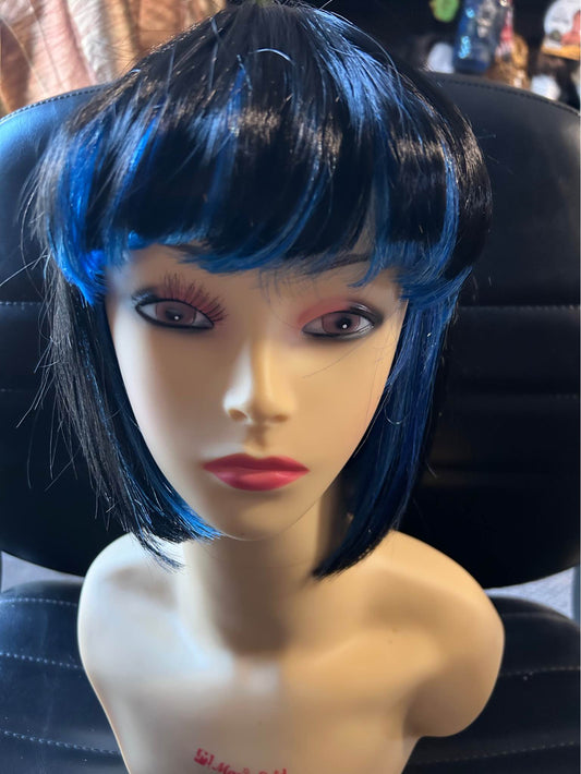 Roxanne-solid black with peek-a-boo blue bangs, bob style synthetic wig