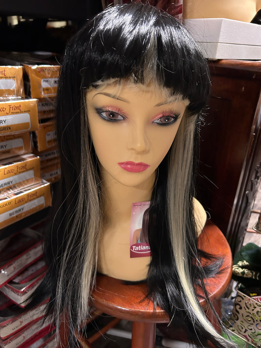 Tatiana- Black with platinum blonde peekaboo, straight bangs medium length straight synthetic wig
