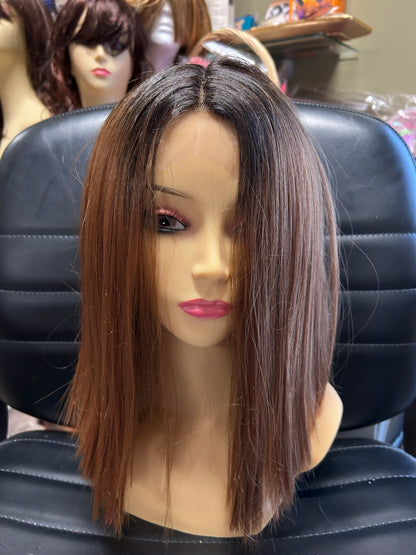 Nuru- dark brown ombre to brown blends angled bob middle part lace front synthetic wigs