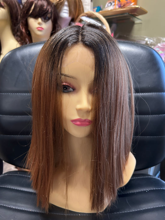 Nuru- dark brown ombre to brown blends angled bob middle part lace front synthetic wigs