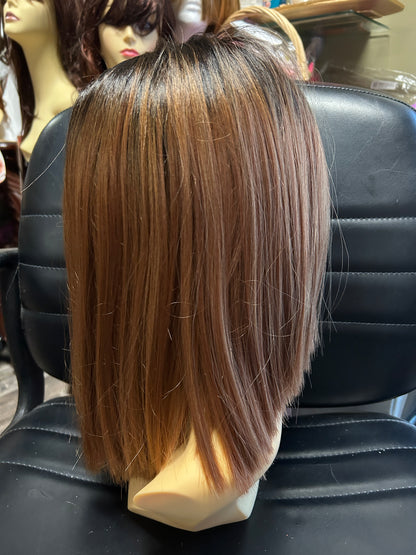 Nuru- dark brown ombre to brown blends angled bob middle part lace front synthetic wigs