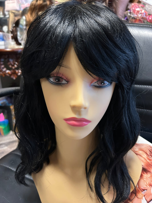 Joceylyn- solid black Medium Length Wig with Soft Waves and Full Feathered Bangs heat resistant synthetic wigs