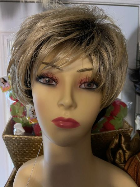 Bali-platinum blonde and dark brown blend, adjustable part, heat resistant, synthentic wig