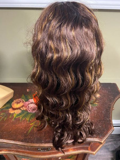 Dona-chocolate brown with copper highlights, loose and wavy curls, long, synthetic wig