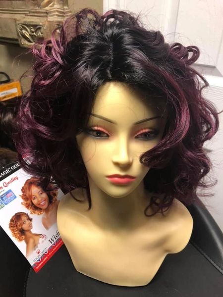 Wish-burgundy blend medium-length with voluminous curls heat resistant synthetic wig