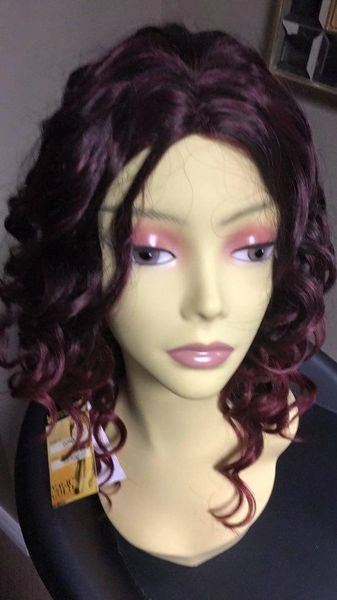 Dona-black with burgundy highlights, loose and wavy curls, long, synthetic wig