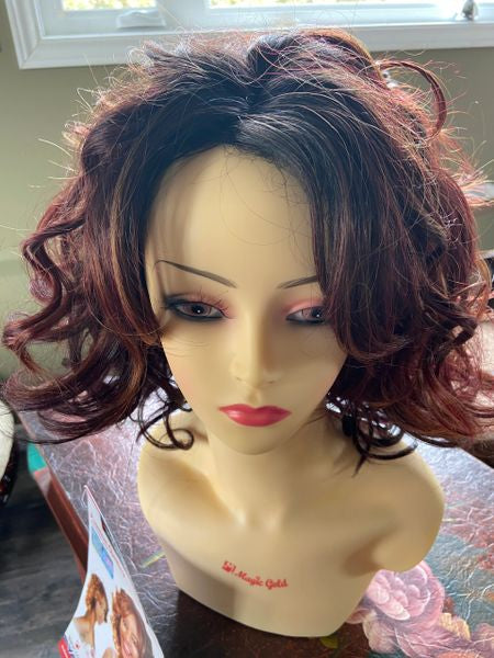 Wish-burgundy and copper blend medium-length with voluminous curls heat resistant synthetic wig