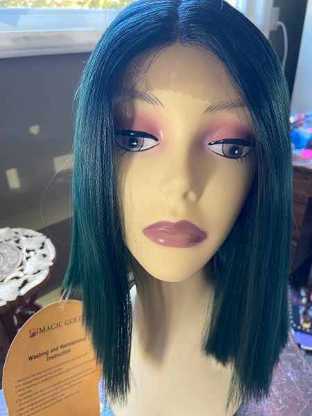 Nuru- black to dark green ombre angled bob middle part lace front synthetic wig