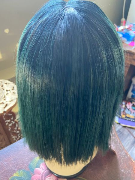 Nuru- black to dark green ombre angled bob middle part lace front synthetic wig