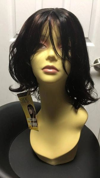 Click- black with copper highlights, mid length, synthetic wig