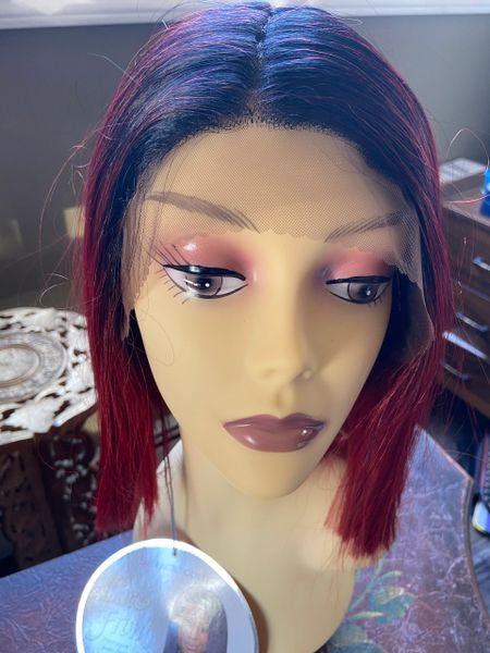 Nuru- black to ombre burgundy or wine angled bob middle part lace front synthetic wig