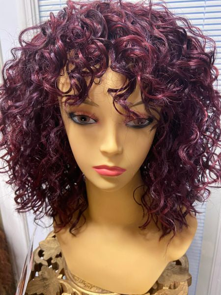 Layla- Ombré Purple Rain (burgundy), mid length, spiral curls, heat resistant synthetic wig